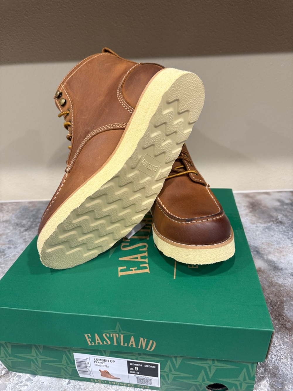 Eastland Tan Brown Leather Moc Toe Work Boots with Cream Outsole - Picture 5 of 5